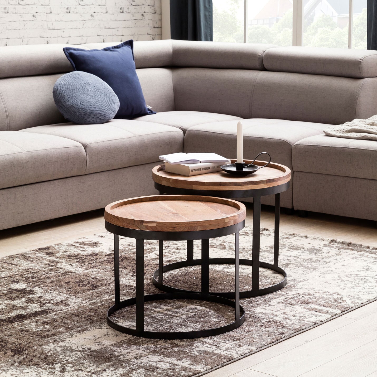 Couchtisch rund 2er Set Akazie massiv/schwarz