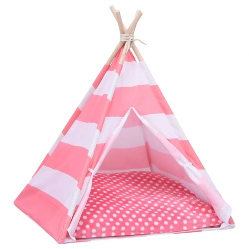 Tenda de descanso listrada para gatos em branco e rosa.