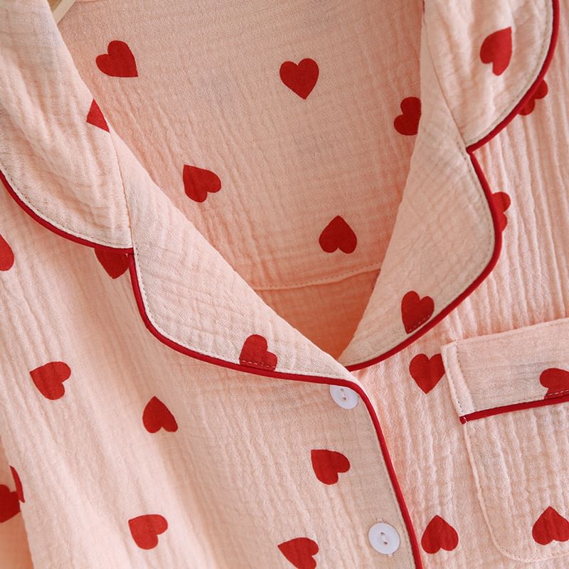 MelMount - Pyjamaset: shirt met korte mouwen en hartjesprint + korte broek + broek