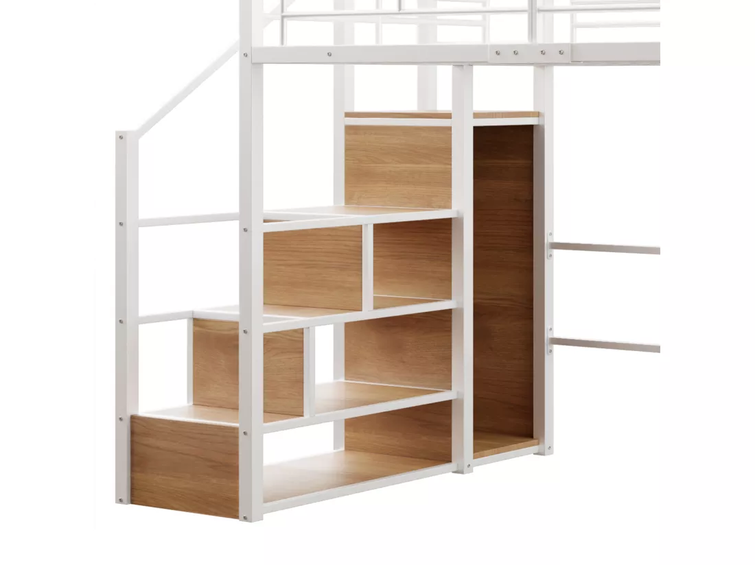 Lit mezzanine 140x200cm avec LED - bureau + penderie + échelle de rangement - Blanc