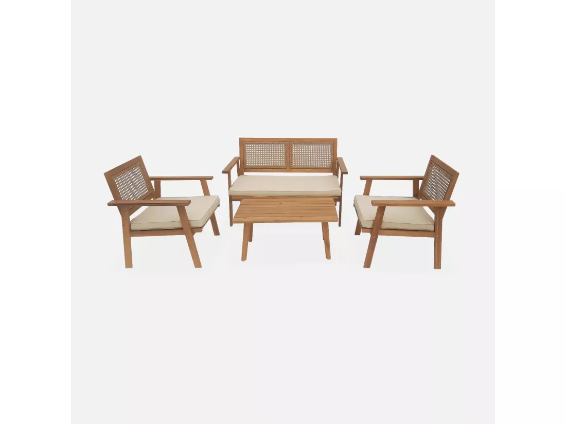 Salon de jardin. Bohémia. cannage rond. canapé 2 places. 2 fauteuils. 1 table basse 117x64x74 cm