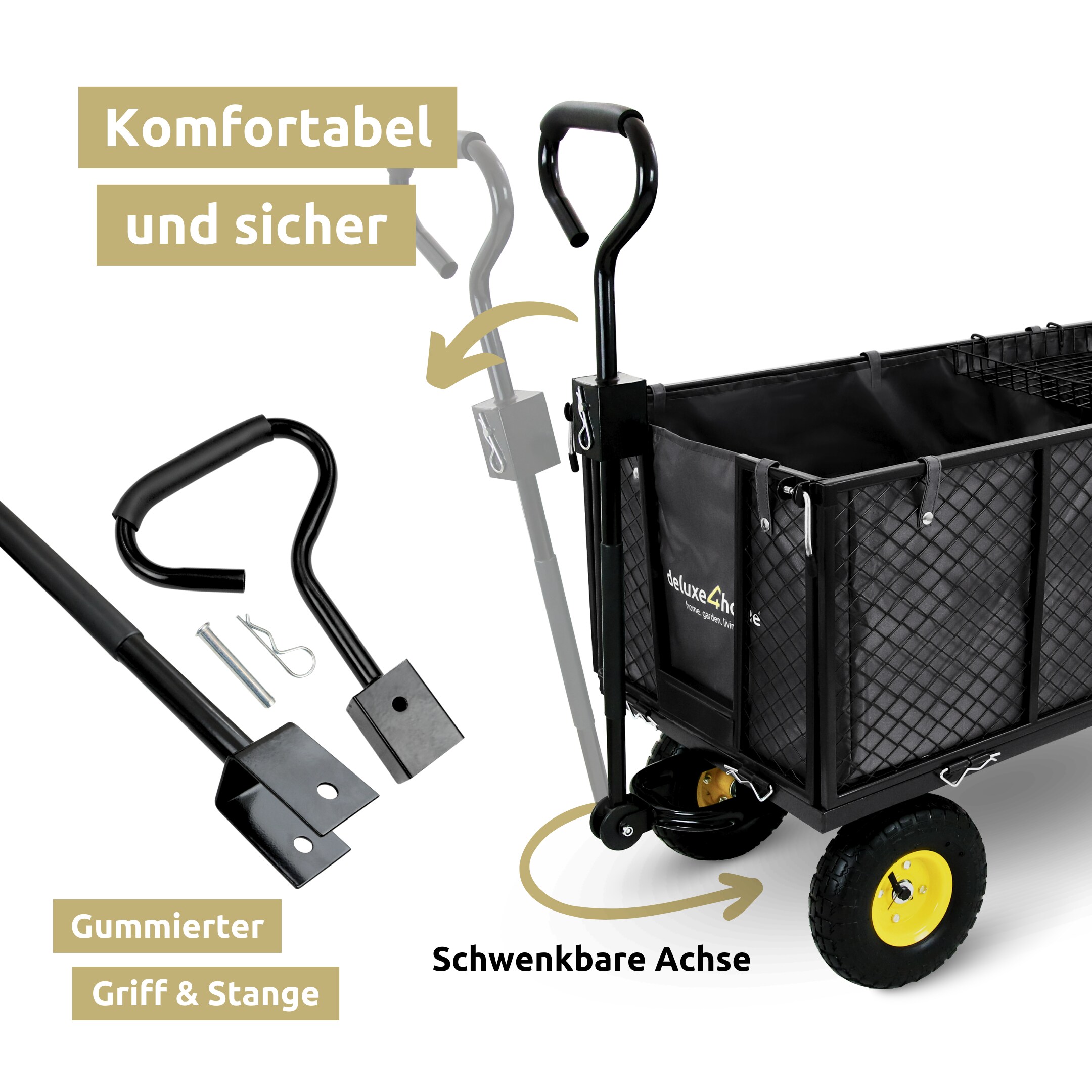 deluxe4home® Bollerwagen | Transportwagen inkl. Handschuhe | Schwarz