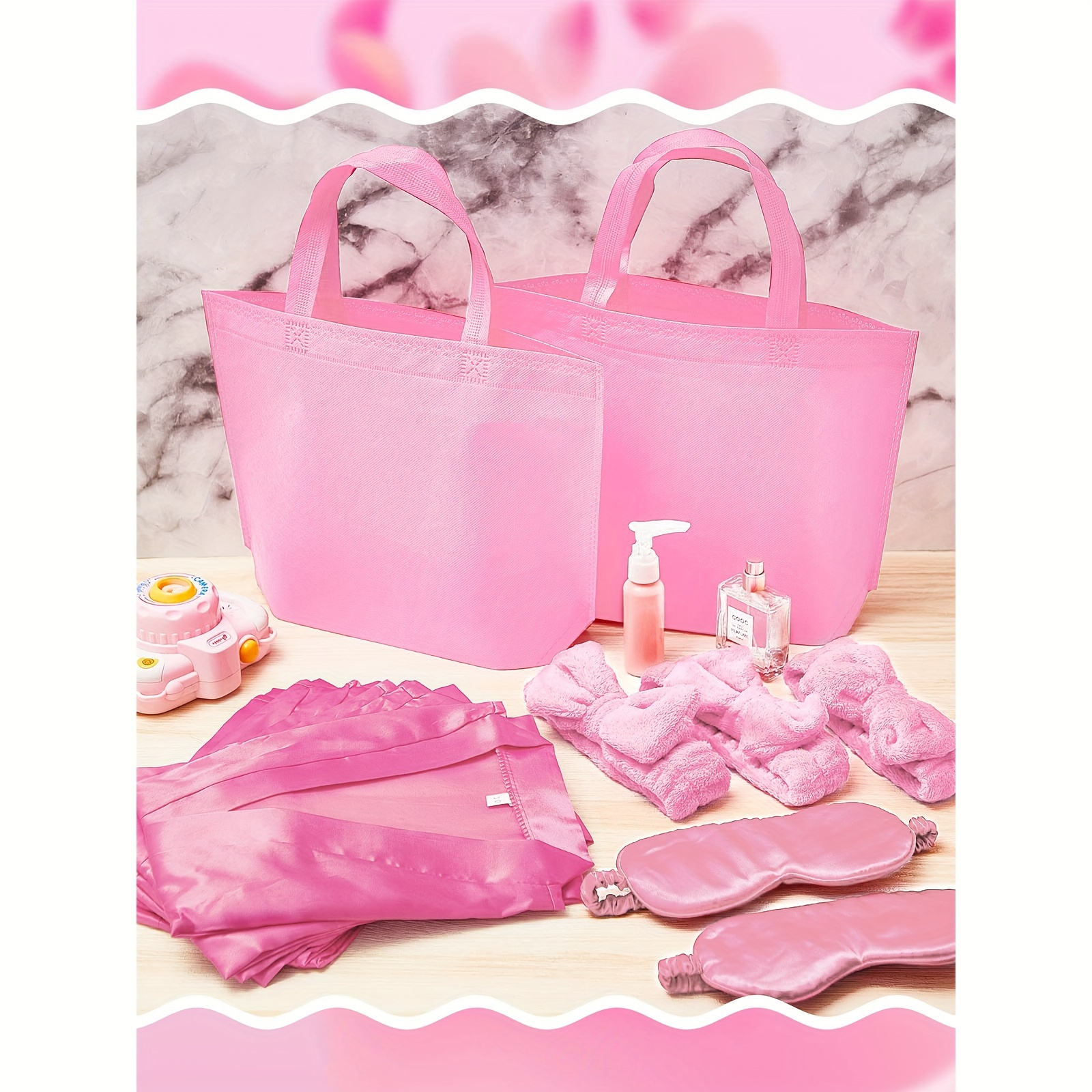 (18-tlg. Set) Pyjama Party Spa Übernachtungs Accessoire Augenbinde / Wellness Haarband / Tasche für Bachelorette Junggesellinnenabschied - Pink