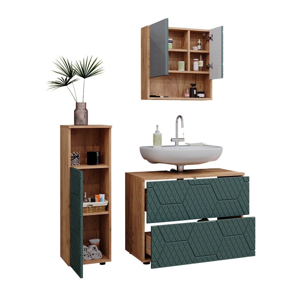 Vicco Badmöbel-Set Irma Eiche Grün 4-teilig Midischrank 95 cm Waschbeckenschrank 80 cm
