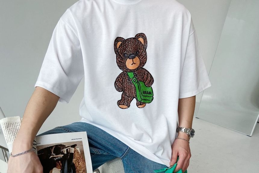 SeoulPop - T-shirt met korte mouwen en berenprint, losvallend