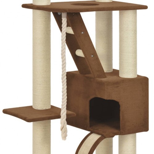 Arranhador bege para gatos com hastes de sisal.