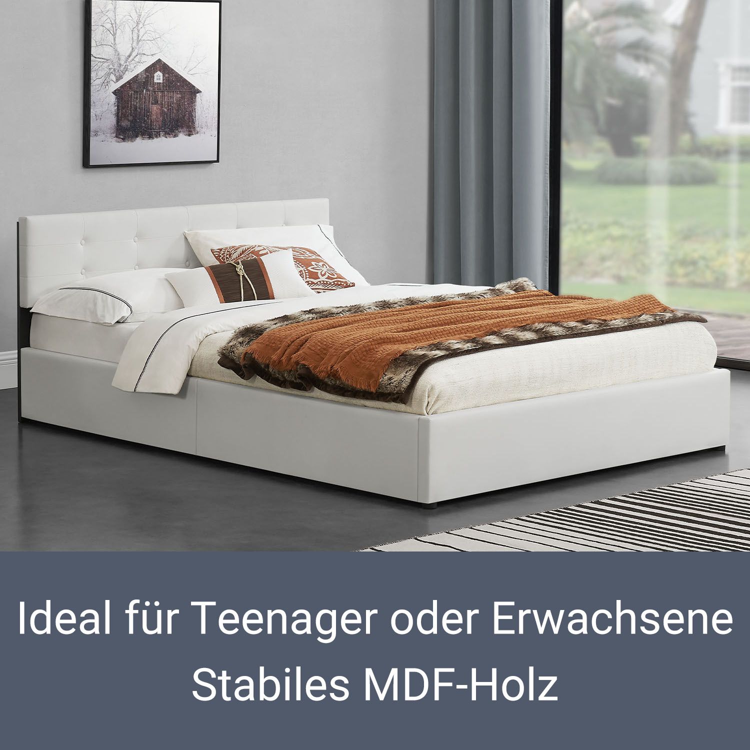 Juskys Polsterbett Marbella 140x200 cm weiß mit Bettkasten & Lattenrost – Bett mit Holzgestell