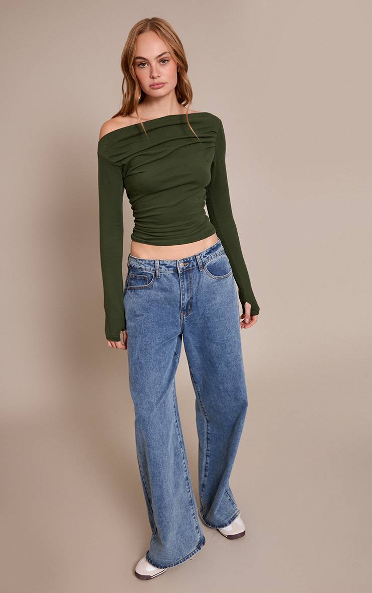 Dark Khaki Haut Asymétrique Froncé À Manches Longues En Coton Doux