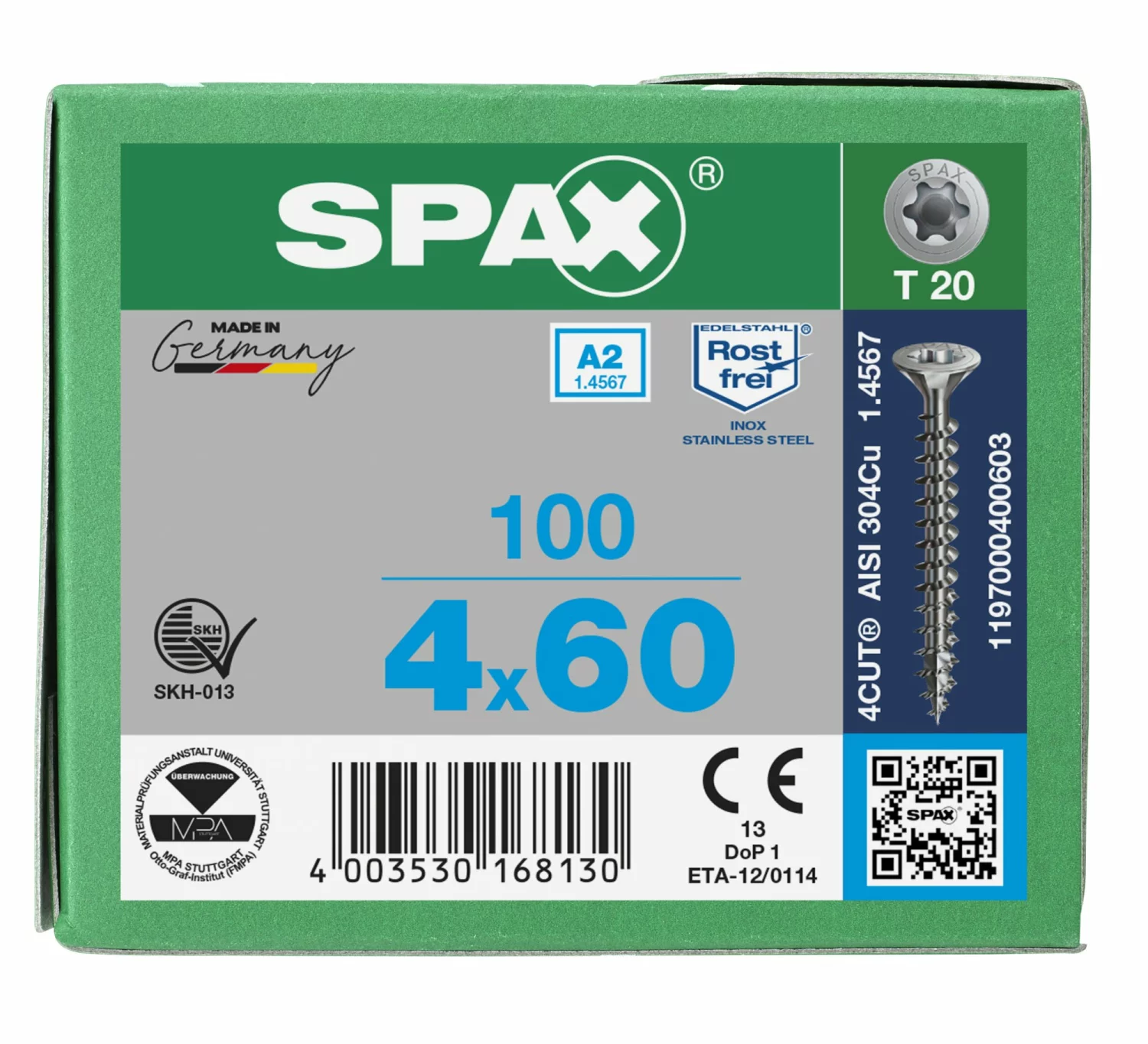 SPAX 1197000400603 Roestvaststalen schroef, Verzonken kop, 4 x 60, Voldraad, T-STAR plus TX20 - blank - 100 stuks