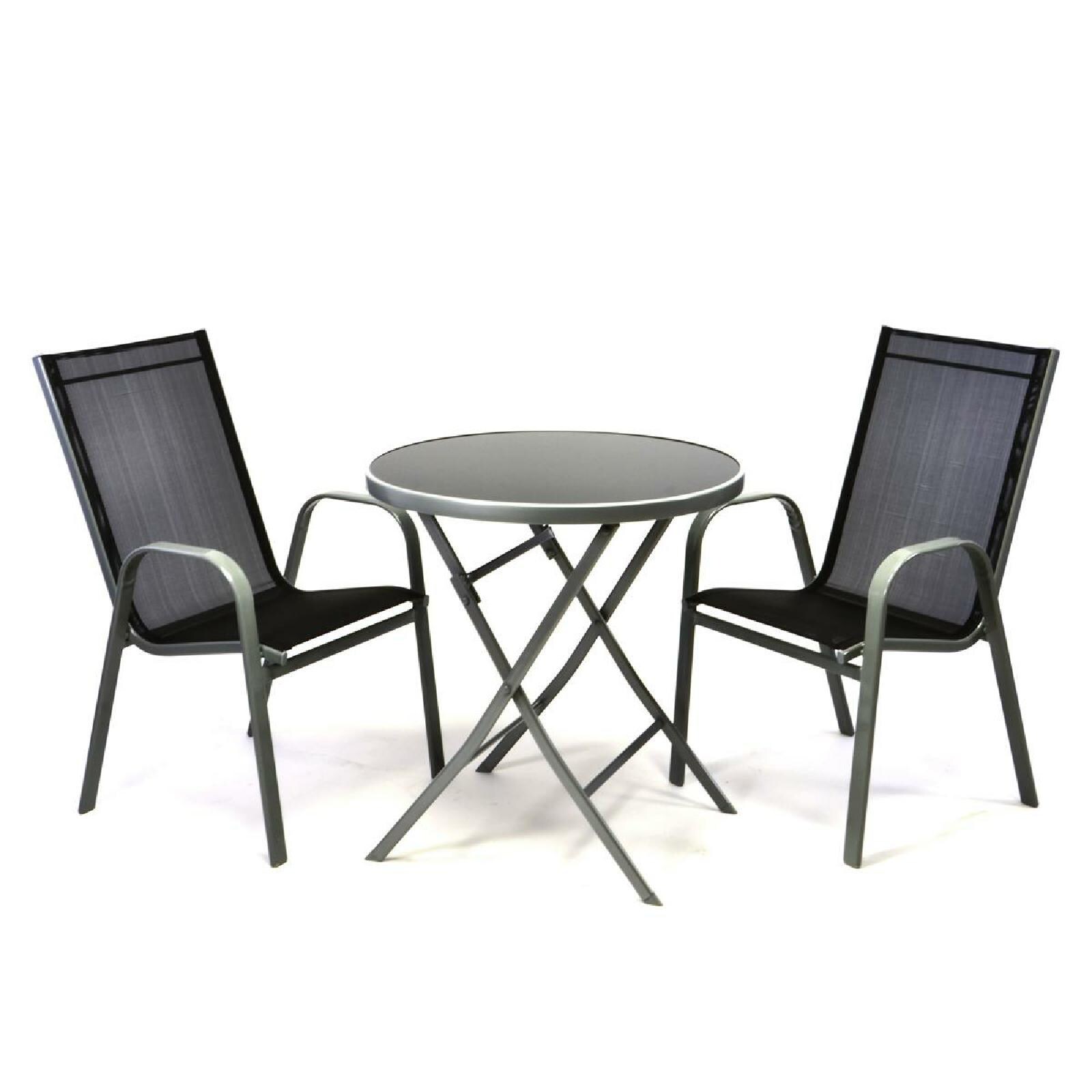 VCM 3-tlg. Set Garnitur Gartenstuhl Stapelstühle Klapptisch Gartentisch Sitzgruppe Glastisch schwarz