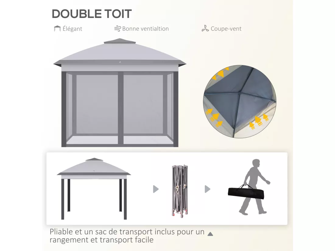 Tonnelle barnum automatique pop-up dim. 3,3L x 3,3l x 2,88H m moustiquaires sac transport métal oxford gris