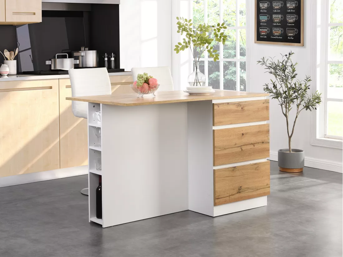 Ilot central de cuisine avec 6 tiroirs et 4 niches en MDF - Naturel clair et Blanc - POMARELA