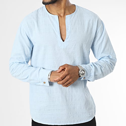 Chemise Manches Longues Col V Bleu Clair