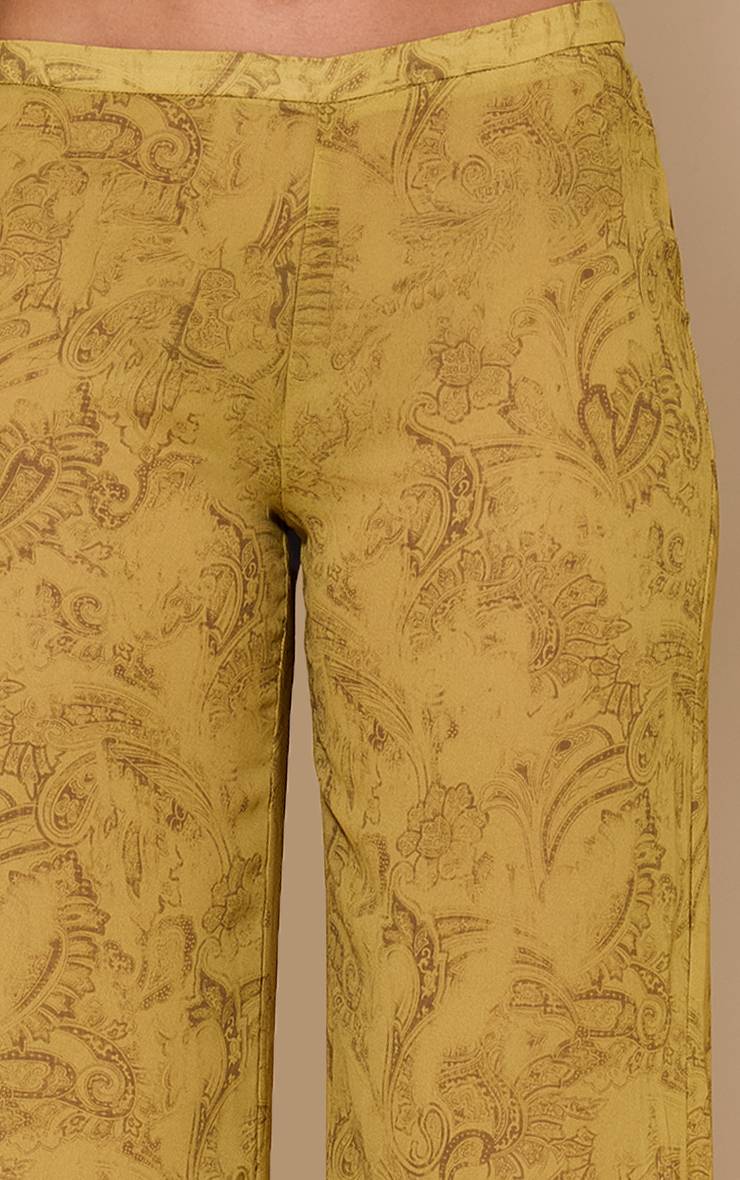 Chartreuse Pantalon Droit En Mousseline À Imprimé Abstrait Taille Haute Coordonné