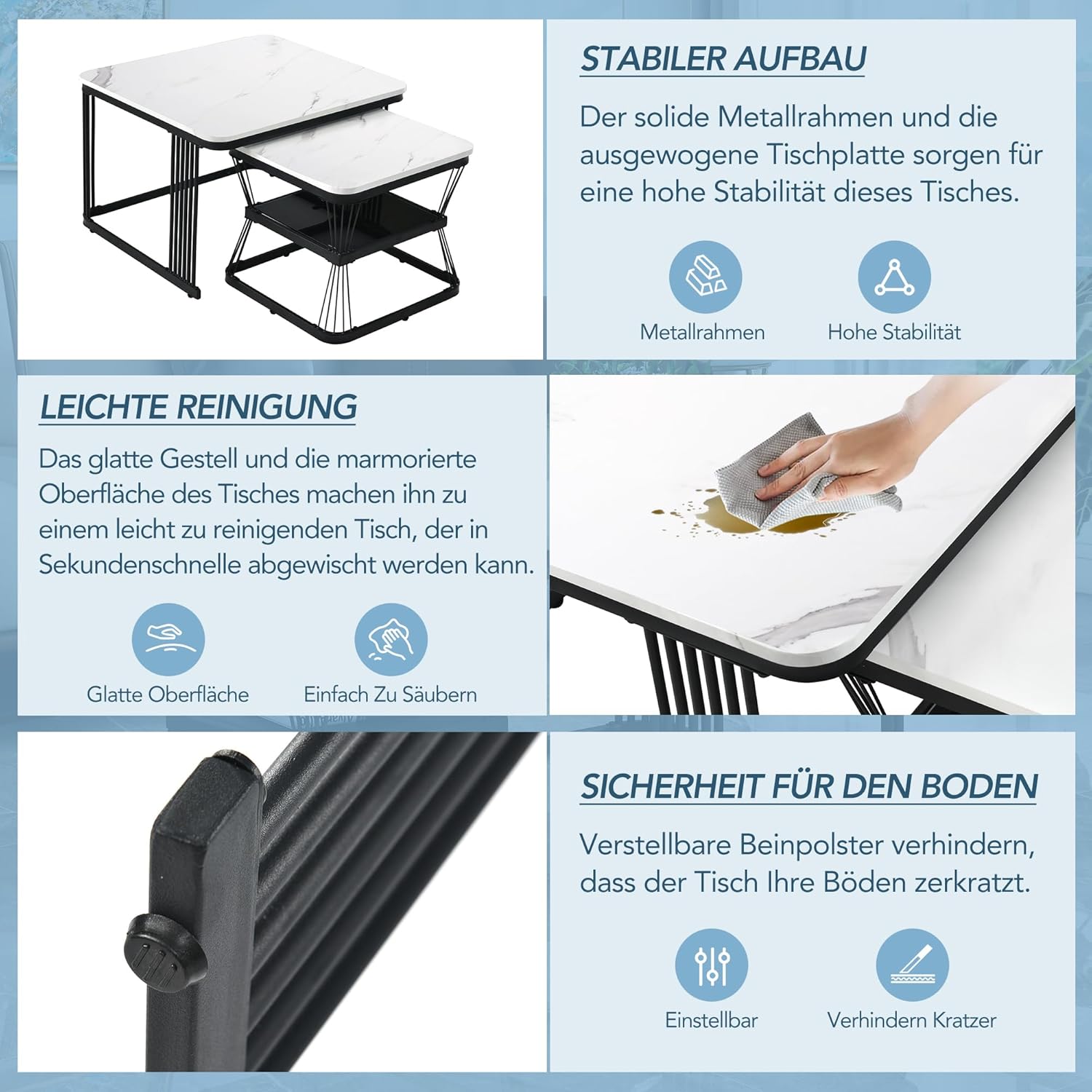 Merax Quadratisch Couchtisch 2er Set, Moderne Wohnzimmertisch mit Marmoroptik, Hochglänzend Satztisch mit Stauraum, für Wohnzimmer, Balkon und Büro, Metallgestell, Weiß und Schwarz