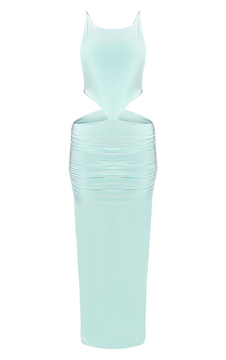 Aqua Blue Robe Maxi Moulante À Encolure Bateau, Dos Nu Et Découpes Latérales