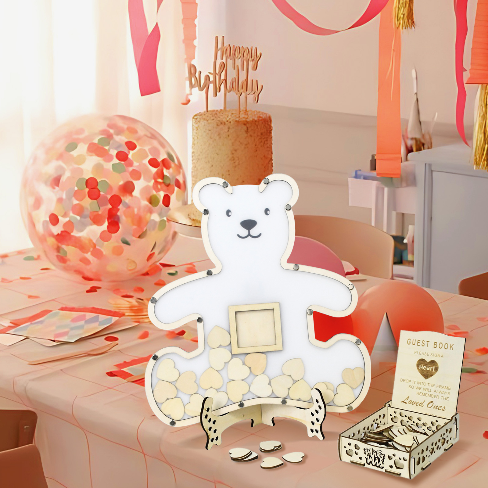 (37x35cm) Echtholz Teddy Bär Baby Shower Gästebuch Aufstellbares Party Gender Reveal Guest Book für 80 Gäste - Weiss