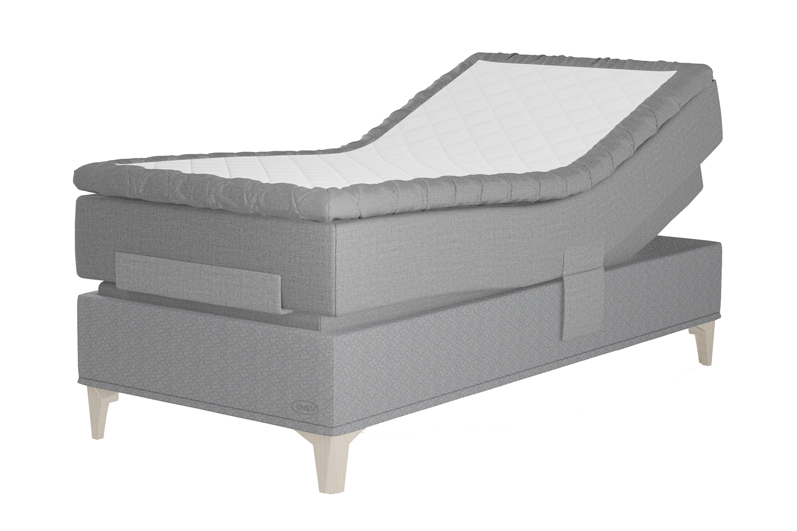 Majestic Aqtive II regulerbar seng 80x200 cm i tekstil 200/204 grå med fast fasthet. Optima overmadrass og Eicon ben 14 cm hvitlasert