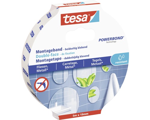 tesa witte montagetape voor tegels, vochtbestendig, 5 m x 19 mm