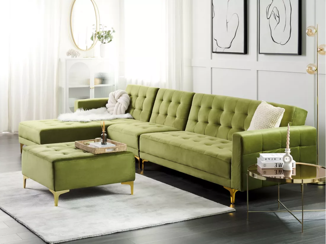 Canapé modulable côté droit en velours vert avec ottoman ABERDEEN