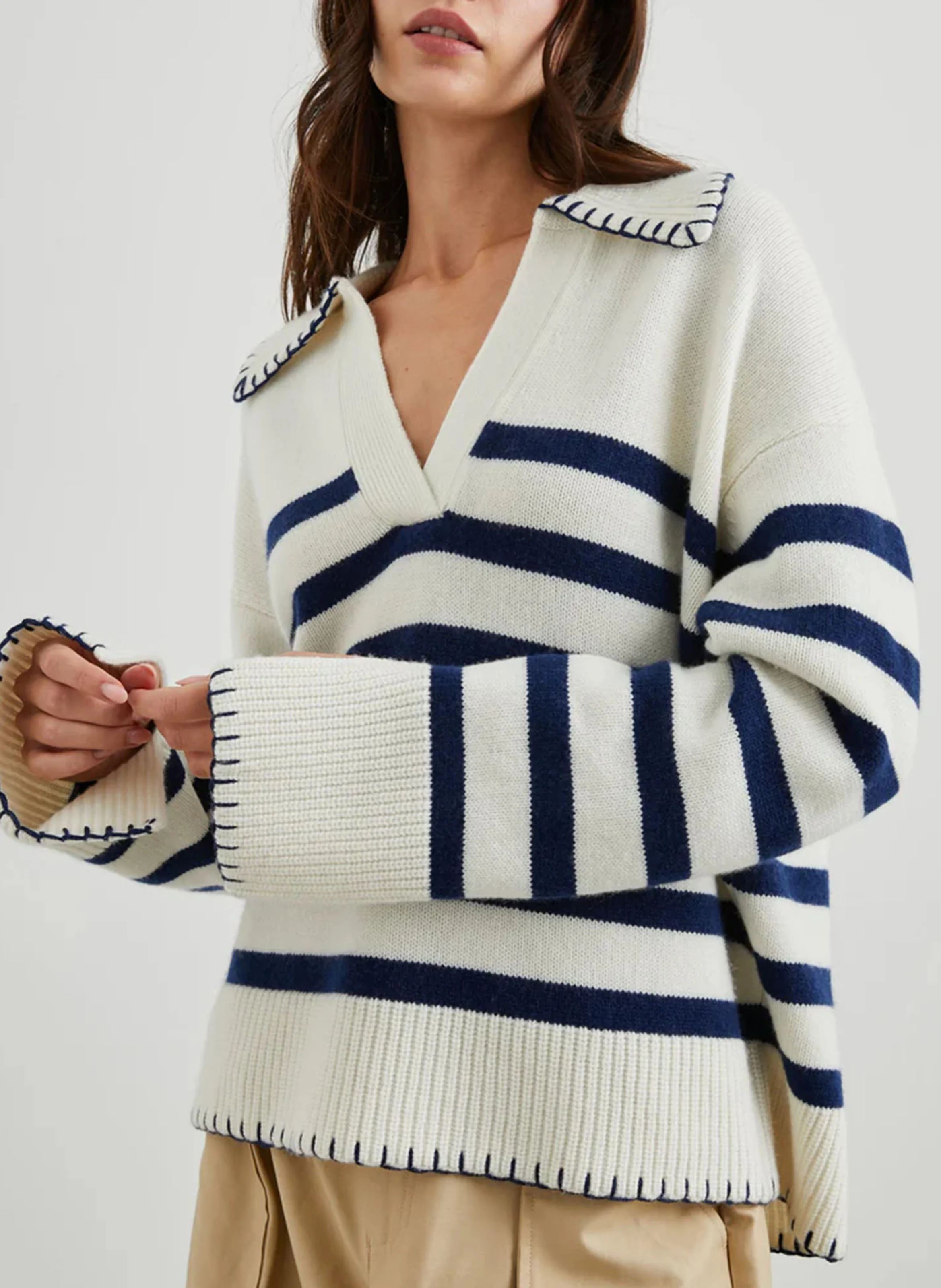 ATHENA - Pull col classique rayé en coton | Bleu