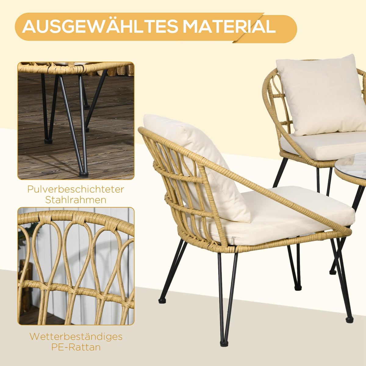 Outsunny 5-delige rotan zitgroep, tuinmeubelset, 1 eettafel, 4 stoelen, met zitkussens, voor balkon, terras, 82L x 82B x 50H cm, polyester, beige