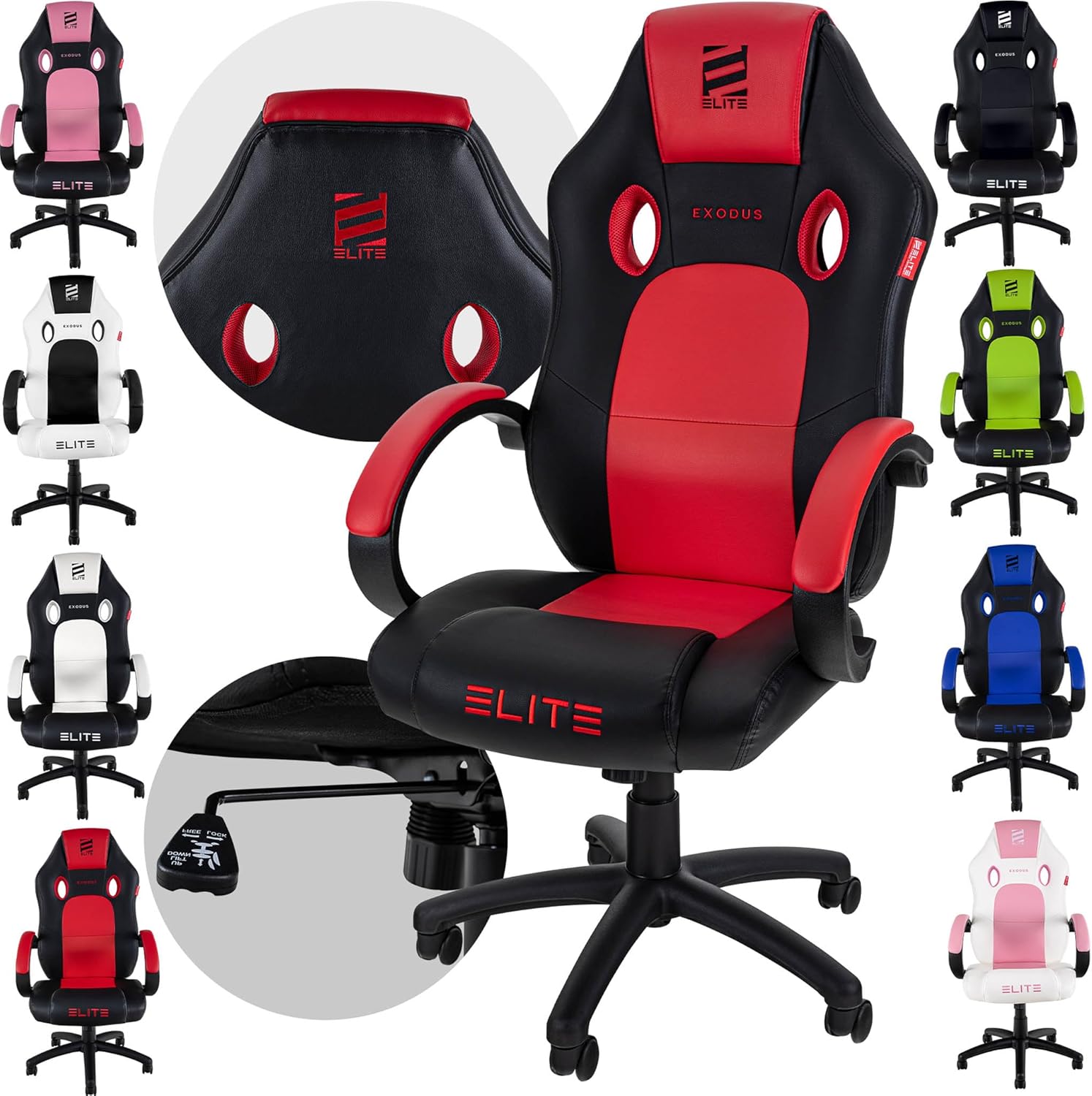 ELITE Gaming Stuhl MG100 Exodus | Ergonomischer Bürostuhl - Schreibtischstuhl - Chefsessel - Sessel - Racing Gaming Stuhl - Gamingstuhl - Drehstuhl - Chair - Kunstleder Sportsitz (Schwarz/Rot)