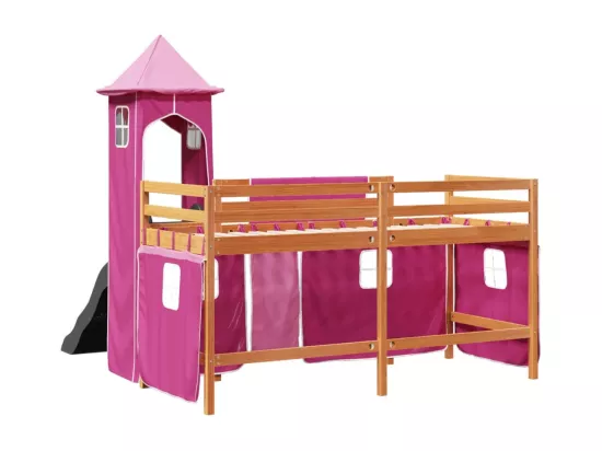 Lit mezzanine enfants avec tour rose 80x200cm bois pin massif