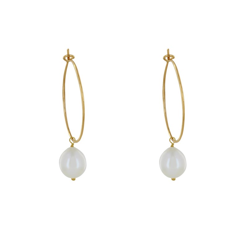 Boucles d'Oreilles Plaqué Or Créoles et Perles de Culture Blanches