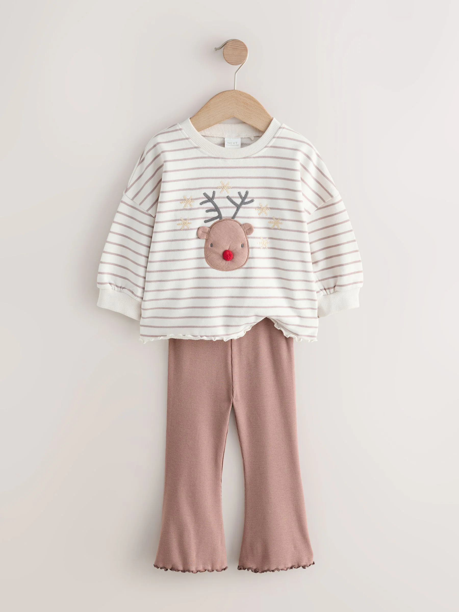 Naturel met rendier - Set met top met lange mouwen en uitlopende broek (3mnd -7jr)