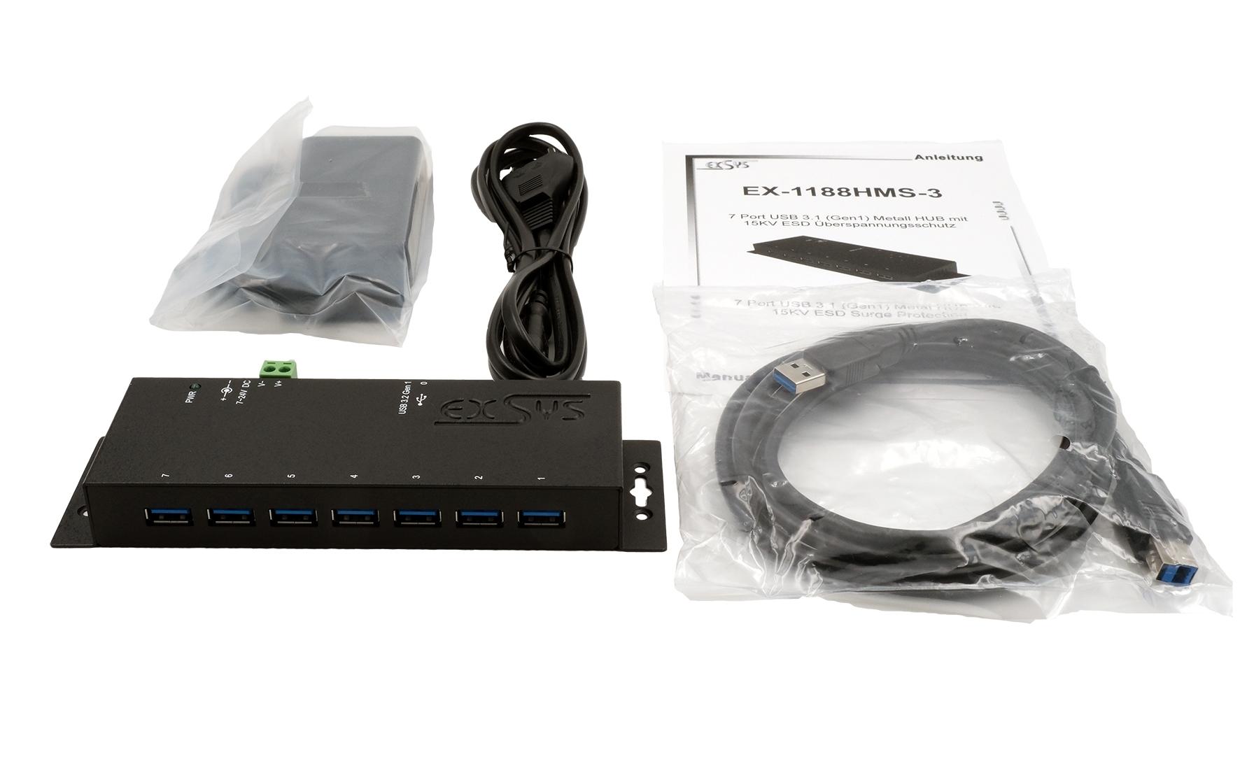 USB-Hub EX-1188HMS-3<br>7-Port USB 3.2 Gen 1 Metall HUB mit 15KV ESD Überspannungsschutz