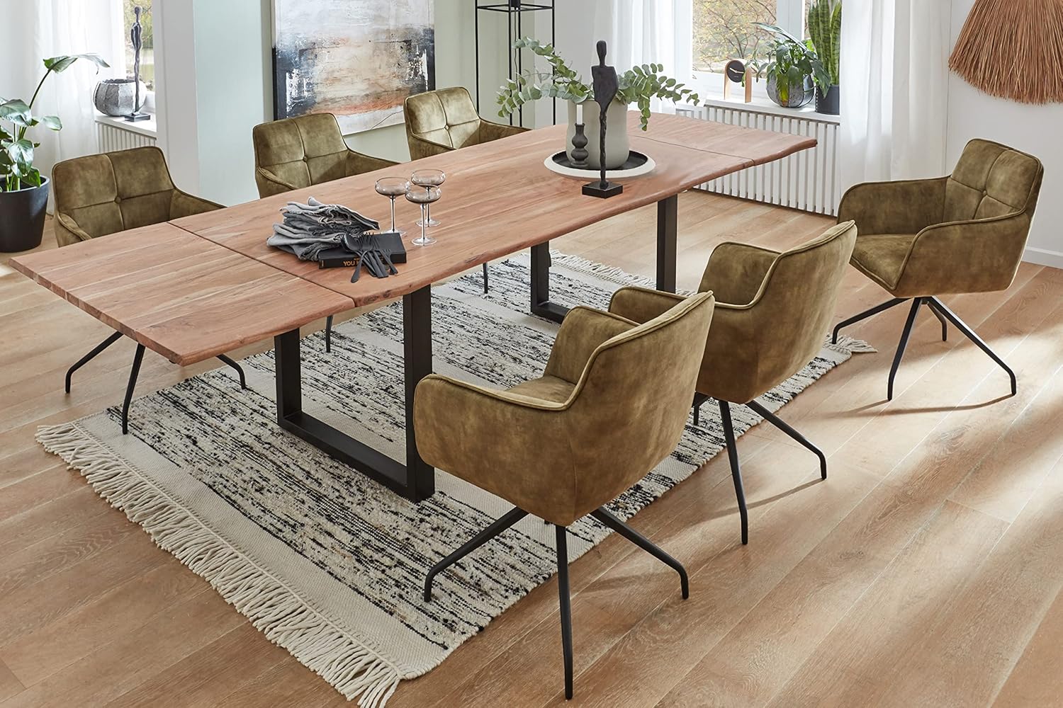 SAM Baumkantentisch 160 (260) x 90 cm Norina, Akazienholz massiv & stonefarben lackiert, Esszimmertisch inkl. 2 Ansteckplatten, echte Baumkante, Esstisch mit U-Metallgestell in Schwarz