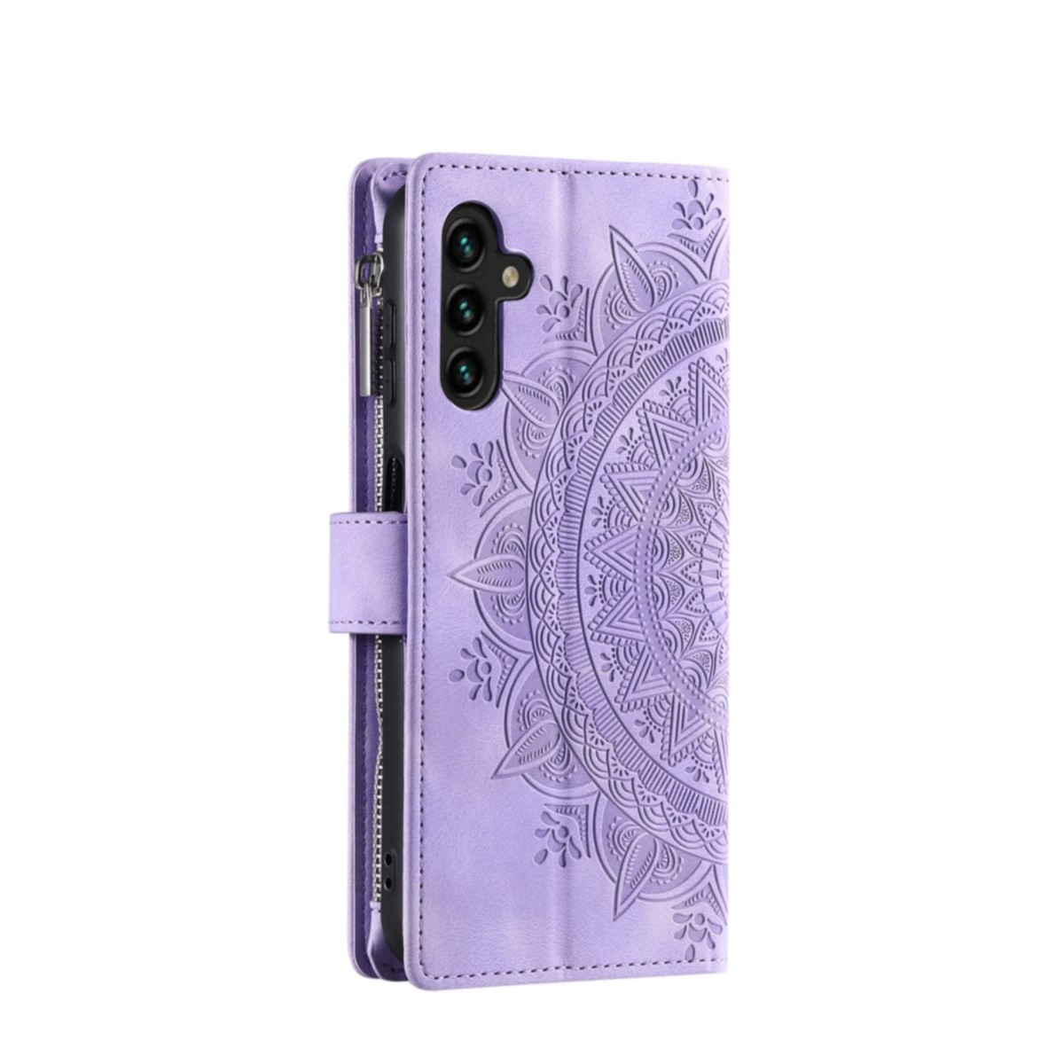 Samsung Galaxy A54 5G Leder Tasche Flip Cover mit Reissverschluss - Mandala Flowers Imprint - Lila