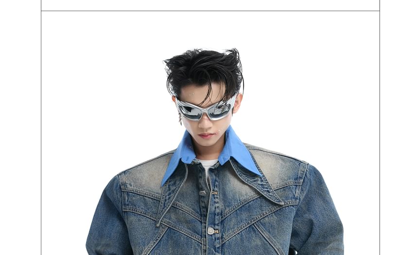 Kooklay - Gelaagde kraag, gewassen imitatie denimjack met twee stukken, paneel en knoopsluiting / jeans met wijde pijpen en middelhoge taille