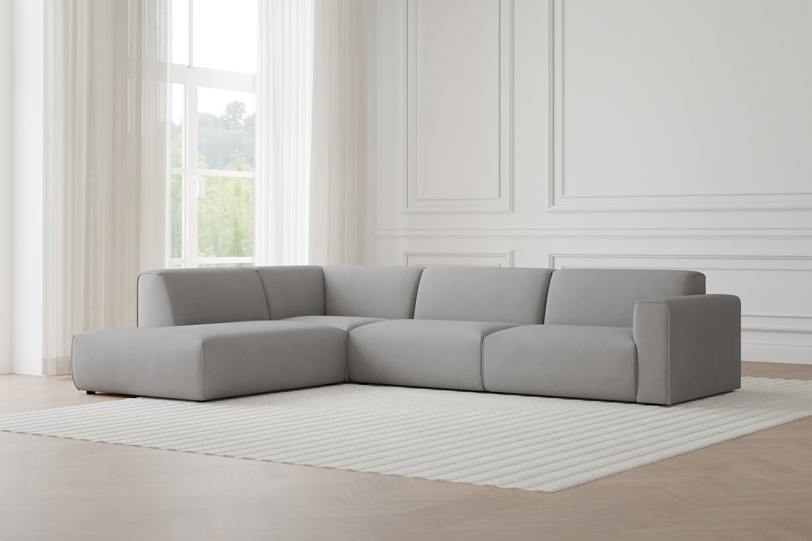 Monaco 3-seter med åpen ende venstre Tekstil Brego 7 Light Grey med sorte ben. Std komfort.