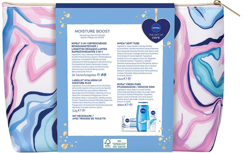 Geschenkset Moisture Boost 5-teiligPflegeset sorgt für Frische und Feuchtigkeit, kombiniert mit einem stylischen Necessaire