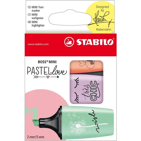 Textmarker - STABILO BOSS MINI Pastellove - 3er Pack - cremige Pfirsichfarbe, Schimmer von Lila, Hauch von Minzgrün