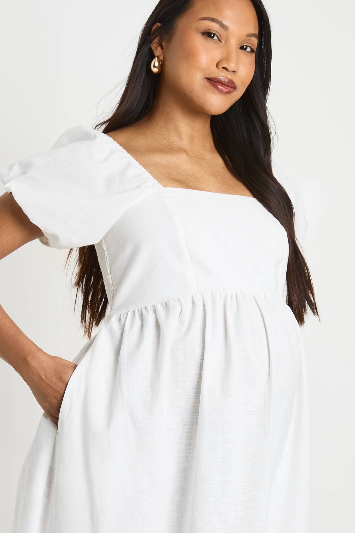 boohoo Robe Maxi De Maternité En Lin À Manches Bouffantes Et Corsage Froncé