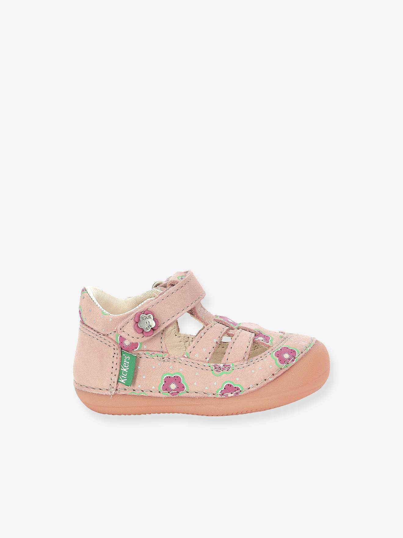 Sandálias de couro rosa claro com estampa da Sushy Original Softers KICKERS® para bebê menina