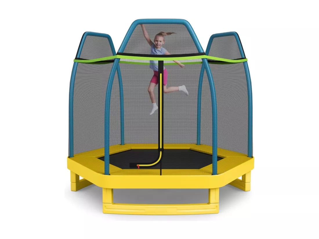 Trampoline Extérieur Ø 223cm Enfants avec Filet de Sécurité, 36 Ressorts Protégés Structure Acier Galvanisé Tapis de Saut PP Jaune