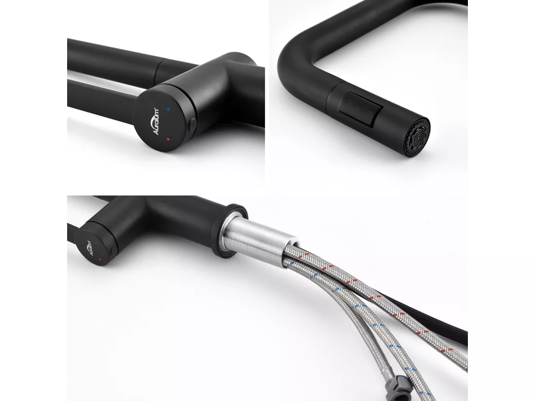 AuraLum Max Robinet de Cuisine,Mitigeur Cuisine avec Douchette Extractible,Bec Haut,Inverseur 2 jets (Laminaire/Pluie),Rotation 360°, Noir,EU Modèle