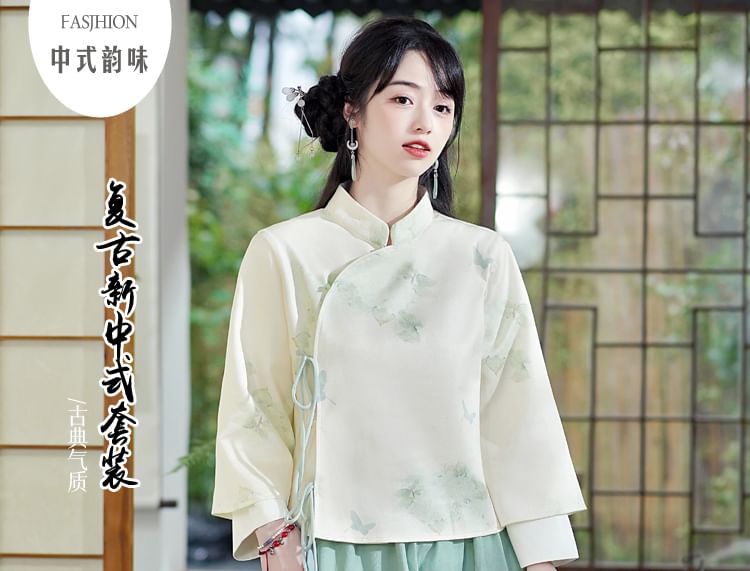 Fioridi - Hanfu-top met lange mouwen en bloemenprint en strik / Midi-A-lijn rok met hoge taille