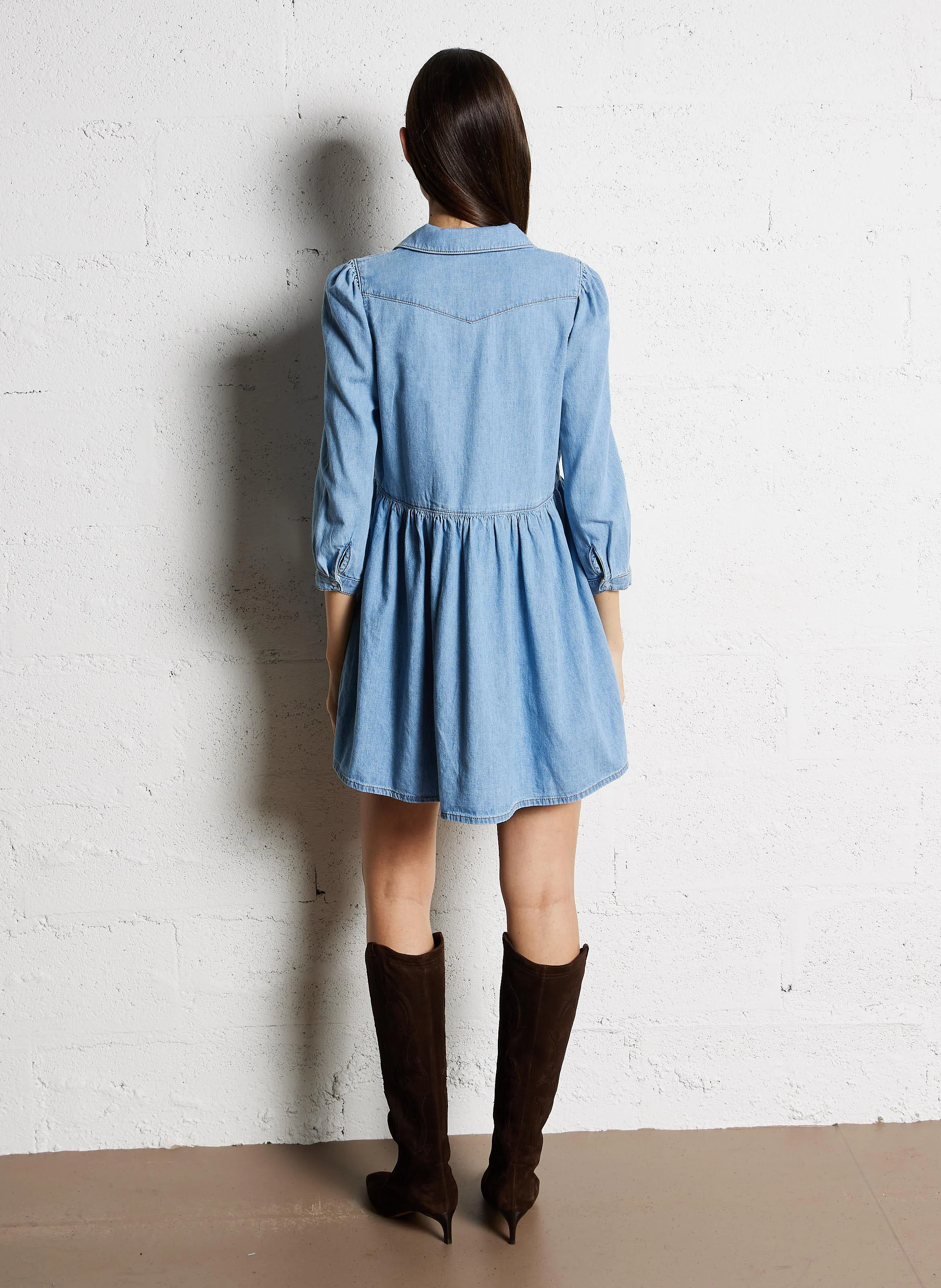 LINONA - Robe courte col classique en coton | Bleu
