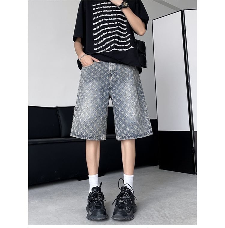 Hushgrain - Mid Rise Jacquard Washed Wide Leg Denim Shorts