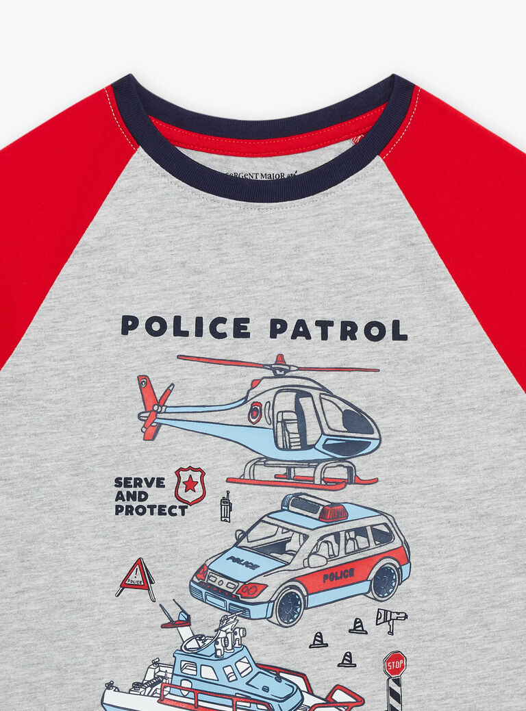 Pyjama gris chiné à motifs police et à imprimé à carreaux