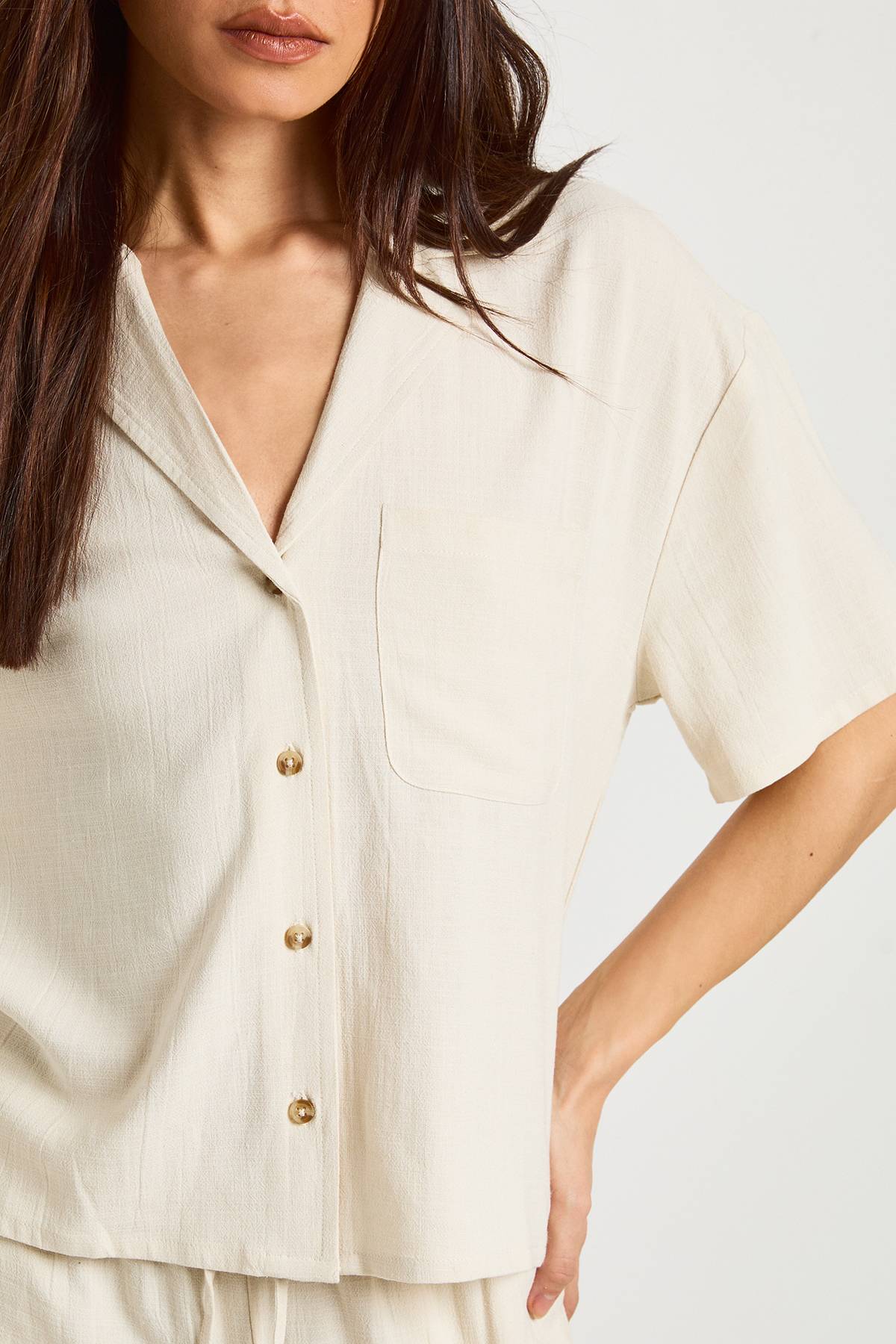 boohoo Chemise Haute En Lin Premium À Manches Courtes