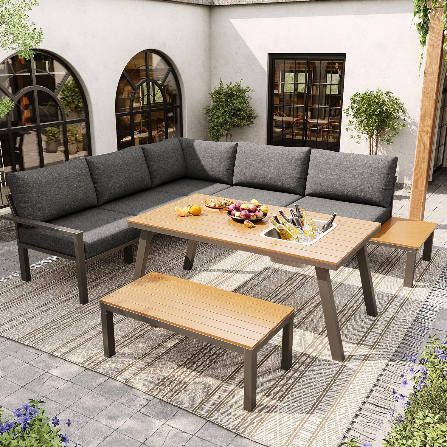 Merax Gartenmöbel Set 6-7 Personen, Lounge Sitzgruppe Outdoor mit Sofatisch & Bank, Ecksofa-Set aus verzinktem Eisen & Holz, für Garten Balkon Terrasse, inkl. Kissen, wetterfest Gartenlounge Set, Grau