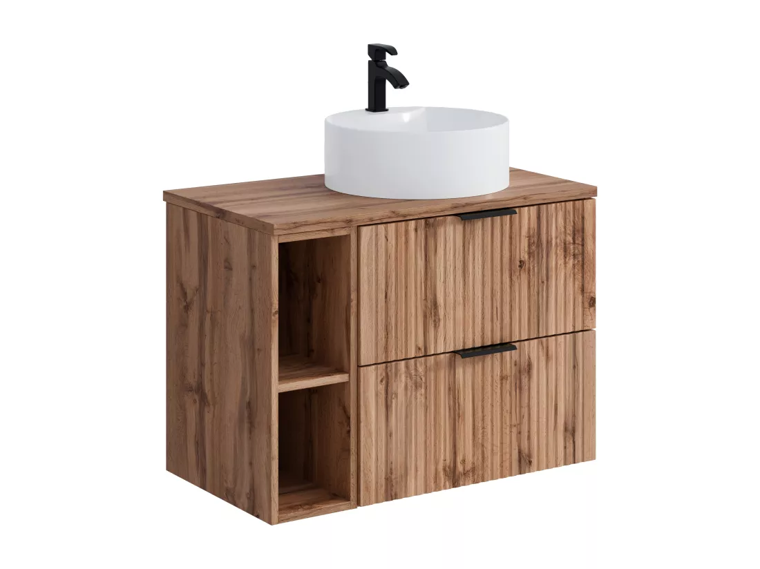 Meuble de salle de bain suspendu strié avec niches et vasque à poser ronde - Naturel clair - L80 cm - ZEVARA