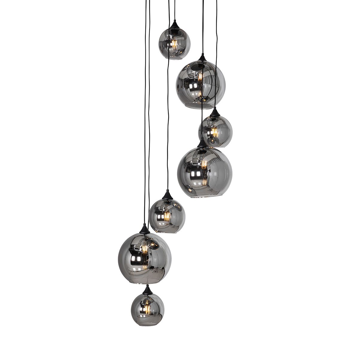Smart hanglamp zwart met smoke glas rond 7-lichts incl. 7 Wifi A60 - Sandra