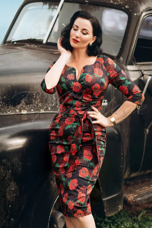 Vintage Diva  The Bombshell Roses pencil jurk in zwart